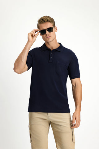  Koyu Lacivert Regular Fit Pamuk Nakışlı Cepli Kıvrılmaz Polo Yaka Tişört