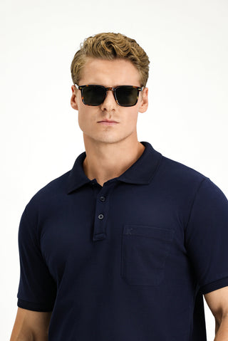  Koyu Lacivert Regular Fit Pamuk Nakışlı Cepli Kıvrılmaz Polo Yaka Tişört