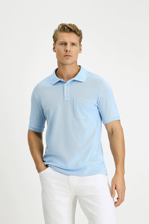 Light Blue Regular Fit Cotton Embroidered Pocketed Non-Rumbling Polo Collar T-Shirt