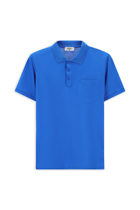 Saks Mavi Regular Fit Pamuk Nakışlı Cepli Kıvrılmaz Polo Yaka Tişört