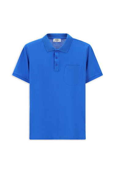 Saks Mavi Regular Fit Pamuk Nakışlı Cepli Kıvrılmaz Polo Yaka Tişört