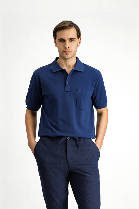 İndigo Regular Fit Pamuk Nakışlı Cepli Kıvrılmaz Polo Yaka Tişört