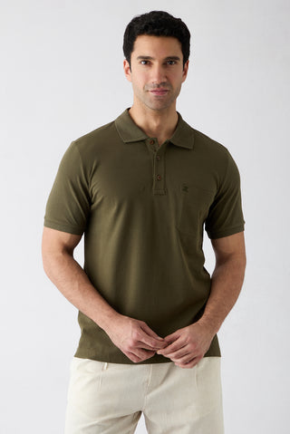  Orta Haki Regular Fit Pamuk Nakışlı Cepli Kıvrılmaz Polo Yaka Tişört