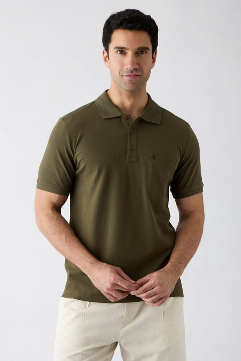 Orta Haki Regular Fit Pamuk Nakışlı Cepli Kıvrılmaz Polo Yaka Tişört