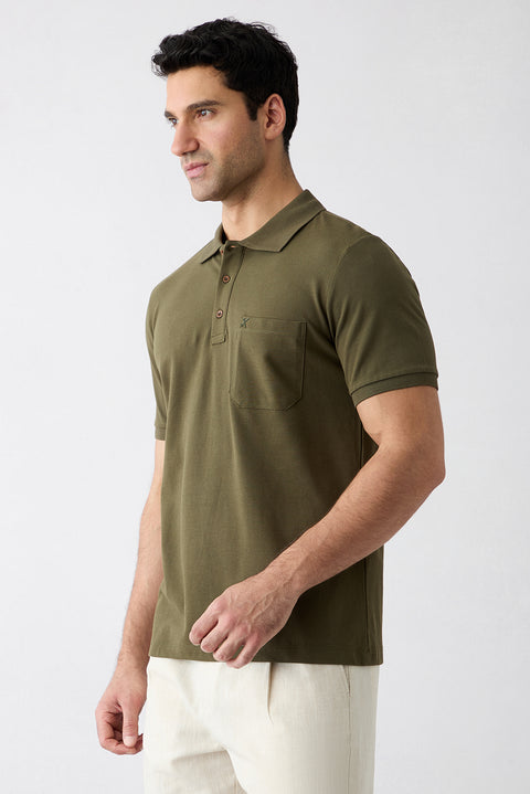 Orta Haki Regular Fit Pamuk Nakışlı Cepli Kıvrılmaz Polo Yaka Tişört