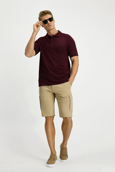  Koyu Bordo Regular Fit Pamuk Nakışlı Cepli Kıvrılmaz Polo Yaka Tişört