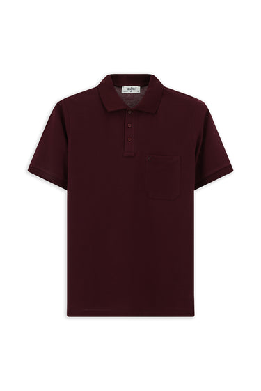 Koyu Bordo Regular Fit Pamuk Nakışlı Cepli Kıvrılmaz Polo Yaka Tişört