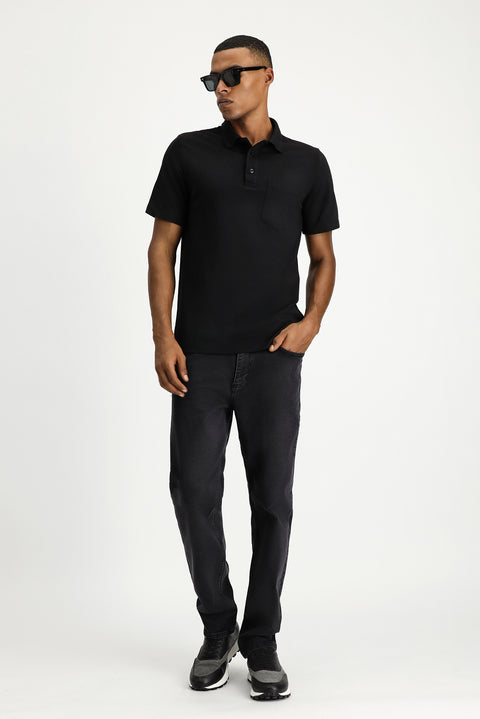 Siyah Regular Fit Pamuklu Nakışlı Cepli Polo Yaka Tişört