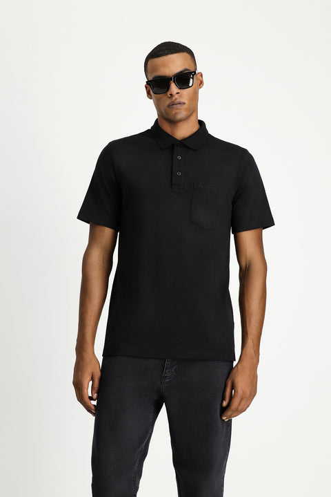 Siyah Regular Fit Pamuklu Nakışlı Cepli Polo Yaka Tişört