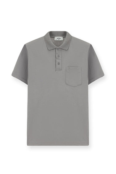 Orta Gri Regular Fit Pamuklu Nakışlı Cepli Polo Yaka Tişört