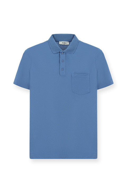 Havacı Mavi Regular Fit Pamuklu Nakışlı Cepli Polo Yaka Tişört