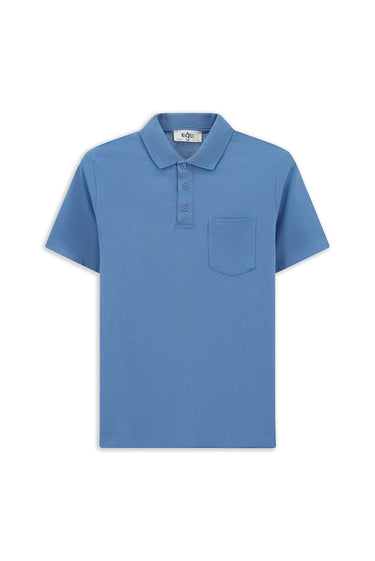 Havacı Mavi Regular Fit Pamuklu Nakışlı Cepli Polo Yaka Tişört