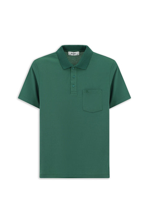 Koyu Yeşil Regular Fit Pamuklu Nakışlı Cepli Polo Yaka Tişört