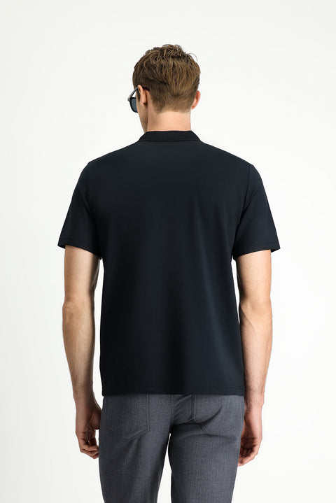 Siyah Regular Fit Pamuklu Nakışlı Cepli Polo Yaka Tişört