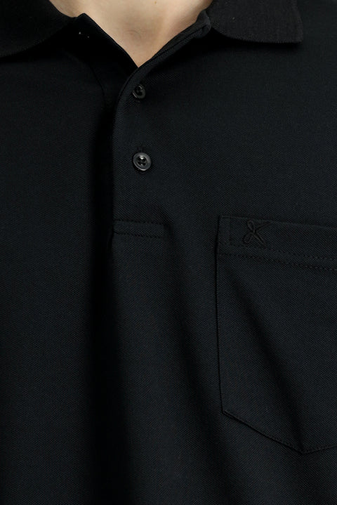 Siyah Regular Fit Pamuklu Nakışlı Cepli Polo Yaka Tişört