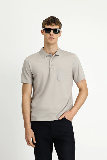  Orta Gri Regular Fit Pamuklu Nakışlı Cepli Polo Yaka Tişört