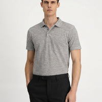 Orta Gri Melanj Regular Fit Pamuklu Nakışlı Cepli Polo Yaka Tişört