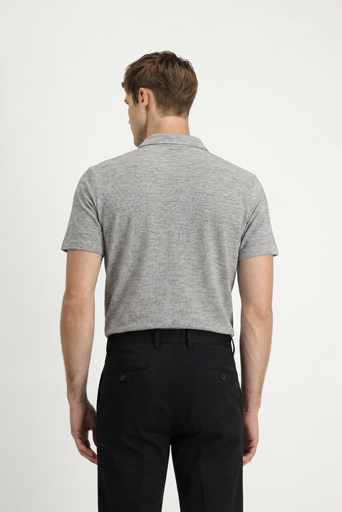 Orta Gri Melanj Regular Fit Pamuklu Nakışlı Cepli Polo Yaka Tişört