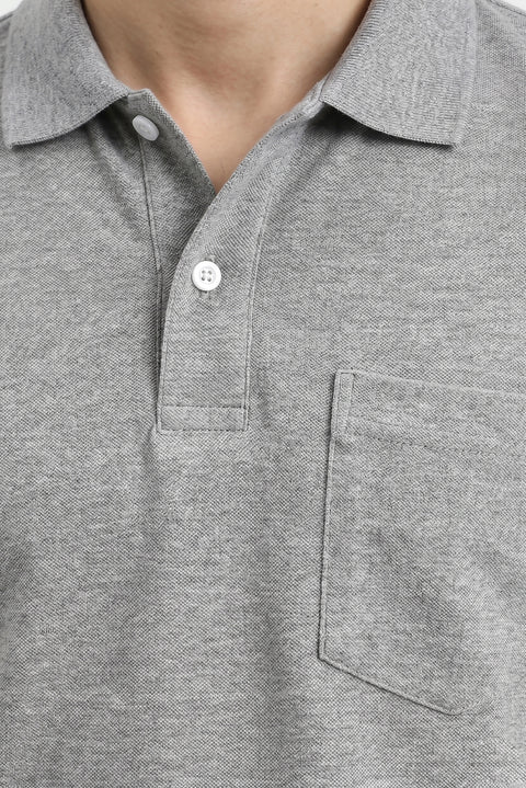 Orta Gri Melanj Regular Fit Pamuklu Nakışlı Cepli Polo Yaka Tişört