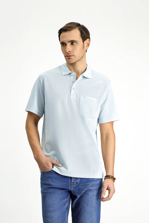 Açık Mavi Regular Fit Pamuklu Nakışlı Cepli Polo Yaka Tişört