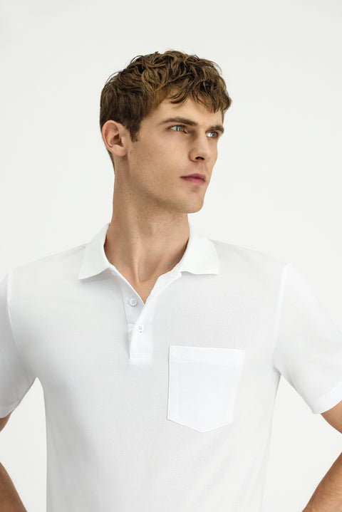 Beyaz Regular Fit Pamuklu Nakışlı Cepli Polo Yaka Tişört