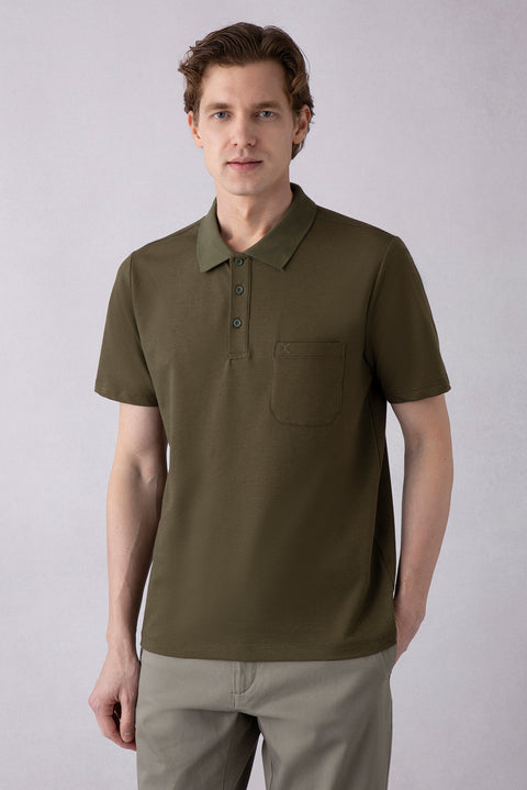 Orta Haki Regular Fit Pamuklu Nakışlı Cepli Polo Yaka Tişört