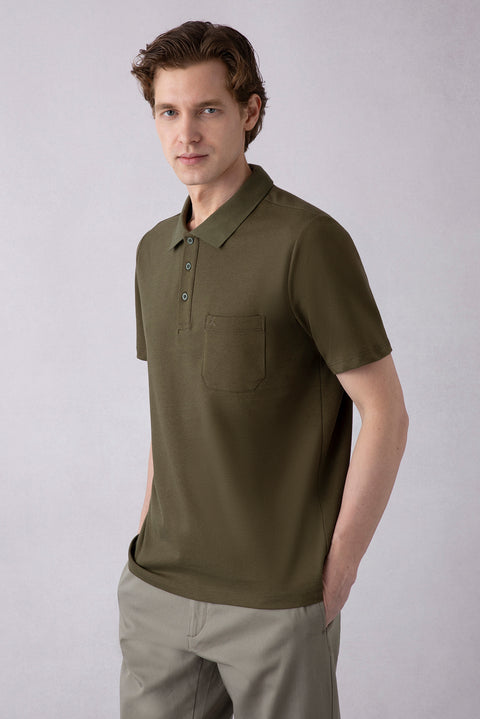 Orta Haki Regular Fit Pamuklu Nakışlı Cepli Polo Yaka Tişört