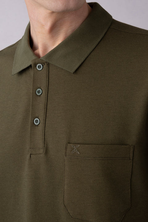 Orta Haki Regular Fit Pamuklu Nakışlı Cepli Polo Yaka Tişört