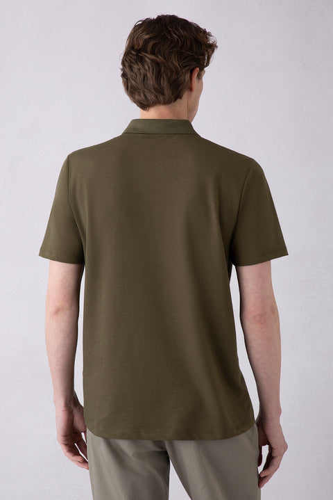 Orta Haki Regular Fit Pamuklu Nakışlı Cepli Polo Yaka Tişört