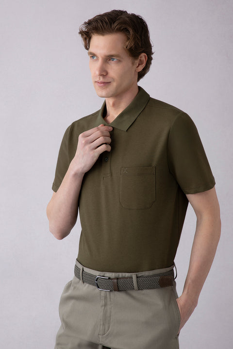 Orta Haki Regular Fit Pamuklu Nakışlı Cepli Polo Yaka Tişört