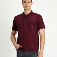 Koyu Bordo Regular Fit Pamuklu Nakışlı Cepli Polo Yaka Tişört