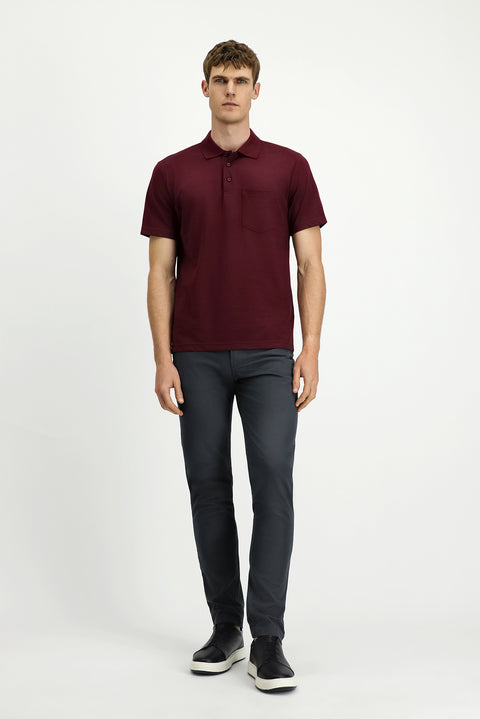 Koyu Bordo Regular Fit Pamuklu Nakışlı Cepli Polo Yaka Tişört