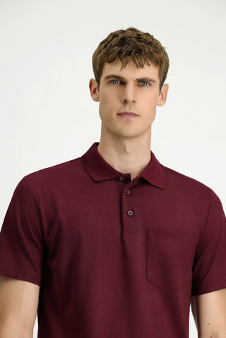 Koyu Bordo Regular Fit Pamuklu Nakışlı Cepli Polo Yaka Tişört