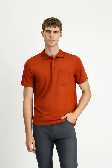  Kiremit Regular Fit Pamuklu Nakışlı Cepli Polo Yaka Tişört