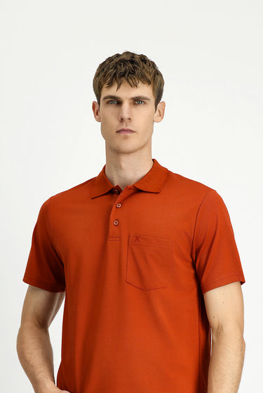  Kiremit Regular Fit Pamuklu Nakışlı Cepli Polo Yaka Tişört