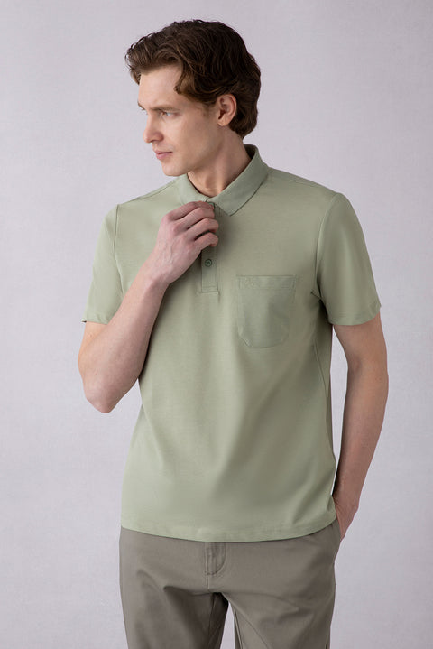 Orman Yeşili Regular Fit Pamuklu Nakışlı Cepli Polo Yaka Tişört