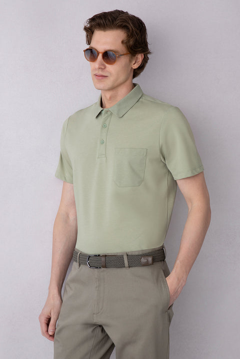Orman Yeşili Regular Fit Pamuklu Nakışlı Cepli Polo Yaka Tişört