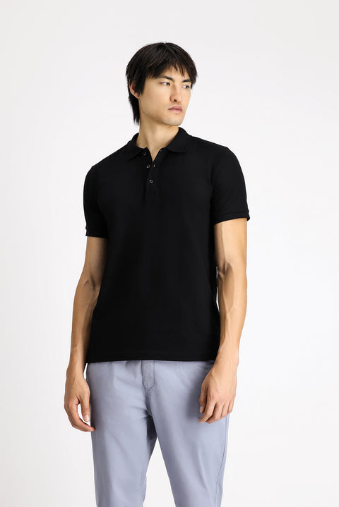 Siyah Slim Fit Dar Kesim Pamuk Polo Yaka Tişört