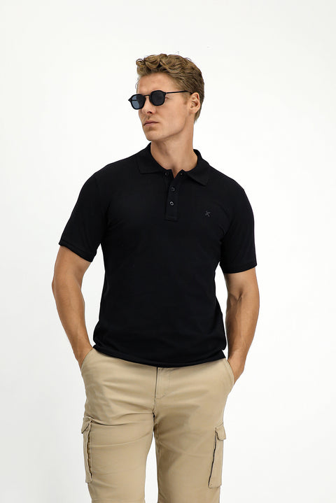 Siyah Slim Fit Dar Kesim Pamuk Kıvrılmaz Polo Yaka Tişört