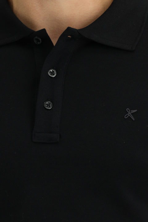 Siyah Slim Fit Dar Kesim Pamuk Kıvrılmaz Polo Yaka Tişört