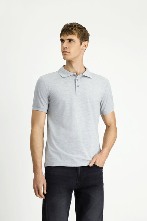 Açık Gri Melanj Slim Fit Dar Kesim Pamuk Kıvrılmaz Polo Yaka Tişört