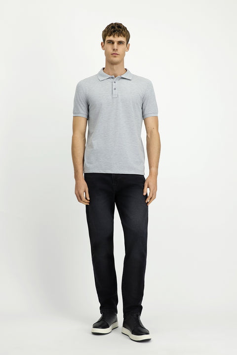 Açık Gri Melanj Slim Fit Dar Kesim Pamuk Kıvrılmaz Polo Yaka Tişört