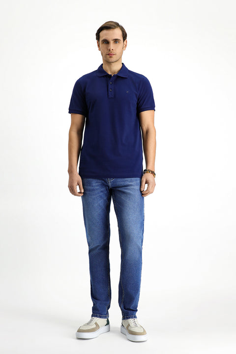 Orta Lacivert Slim Fit Dar Kesim Pamuk Kıvrılmaz Polo Yaka Tişört