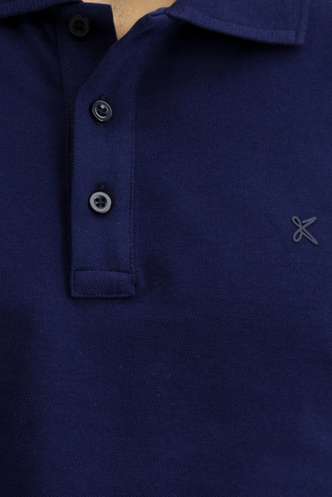 Orta Lacivert Slim Fit Dar Kesim Pamuk Kıvrılmaz Polo Yaka Tişört