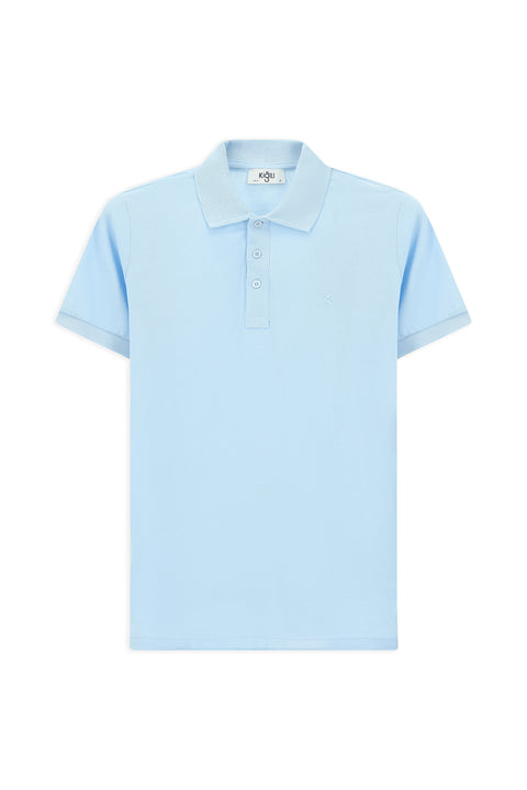 Açık Mavi Slim Fit Dar Kesim Pamuk Kıvrılmaz Polo Yaka Tişört