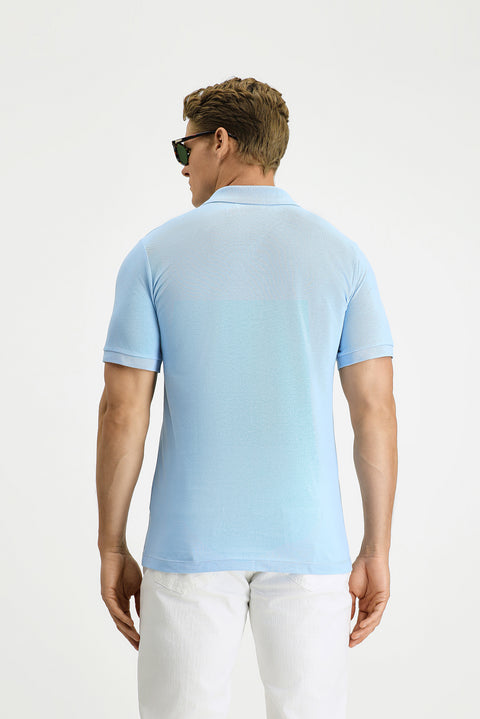 Açık Mavi Slim Fit Dar Kesim Pamuk Kıvrılmaz Polo Yaka Tişört