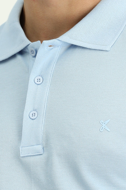 Açık Mavi Slim Fit Dar Kesim Pamuk Kıvrılmaz Polo Yaka Tişört