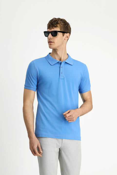 Havacı Mavi Slim Fit Dar Kesim Pamuk Kıvrılmaz Polo Yaka Tişört