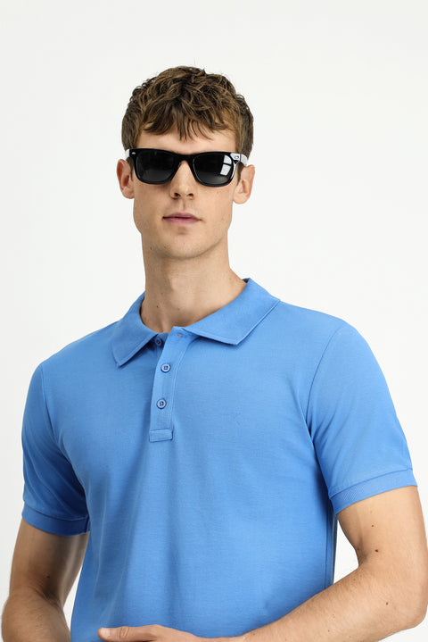 Havacı Mavi Slim Fit Dar Kesim Pamuk Kıvrılmaz Polo Yaka Tişört