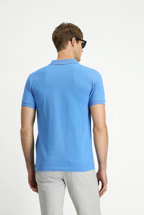 Havacı Mavi Slim Fit Dar Kesim Pamuk Kıvrılmaz Polo Yaka Tişört